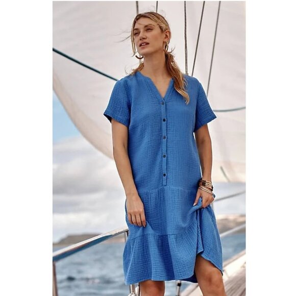 J. Jill Dresses & Skirts - NWT J.JILL Cotton-Gauze Tiered Dress Front Button Short Sleeve in Cyan Blue MP